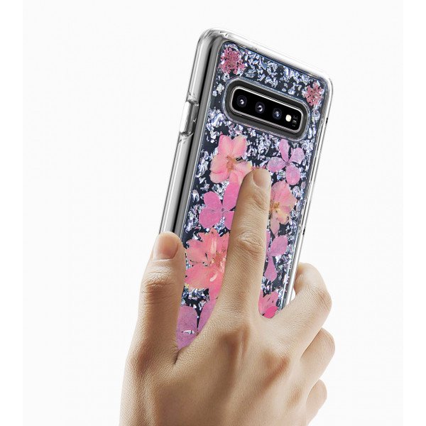 Wholesale Galaxy S10+ (Plus) Luxury Glitter Dried Natural Flower Petal Clear Hybrid Case (Silver Pink)